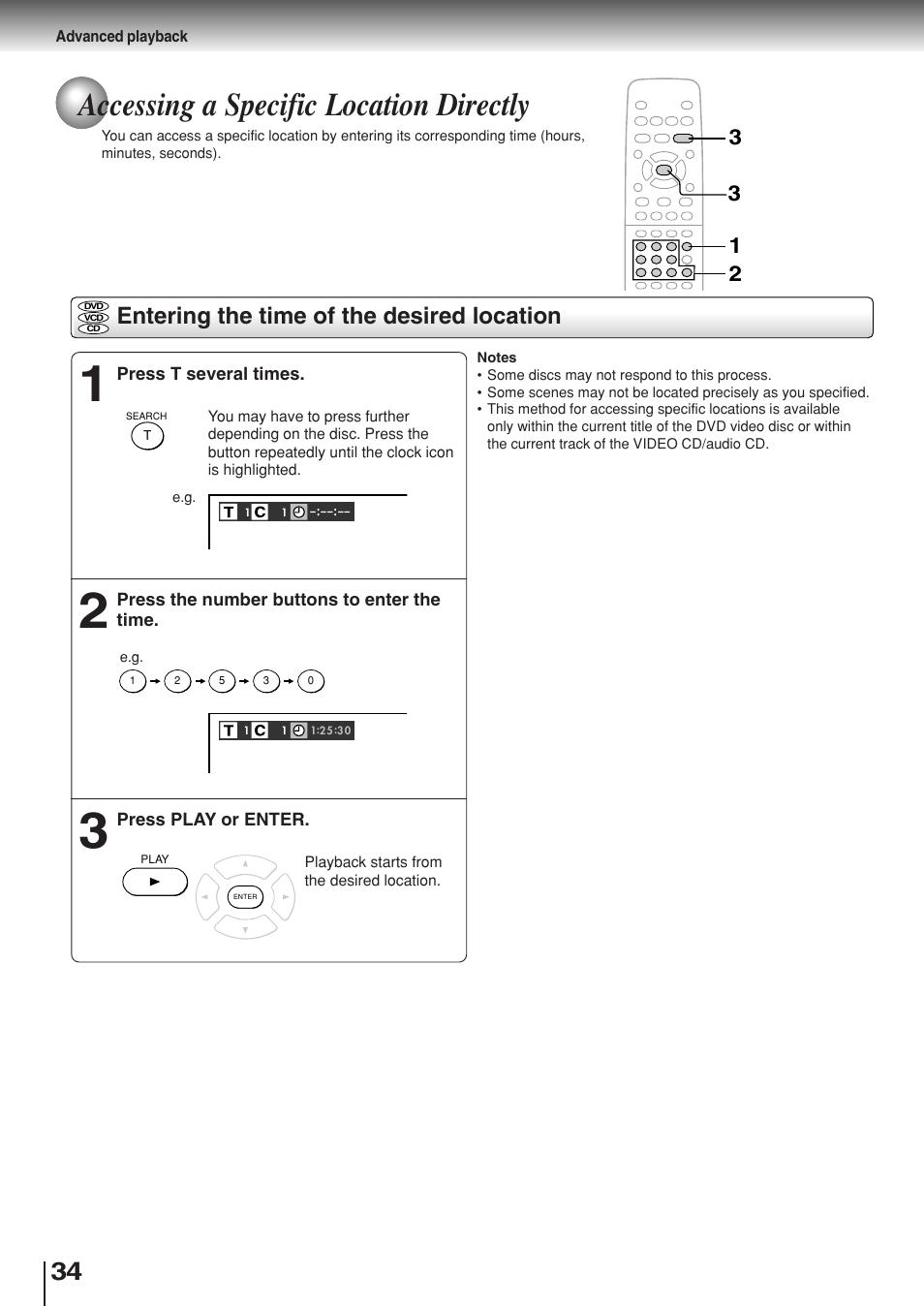 Accessing a specific location directly, Entering the time of the desired location | Toshiba SD-330ESB  EN User Manual | Page 34 / 72