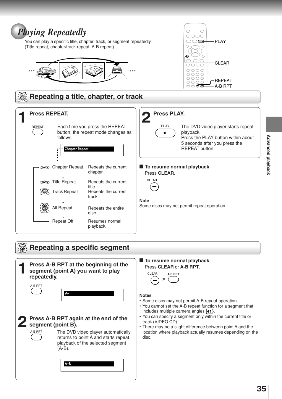 Playing repeatedly, Repeating a title, chapter, or track, Repeating a specific segment | Toshiba SD-330ESB  EN User Manual | Page 35 / 72