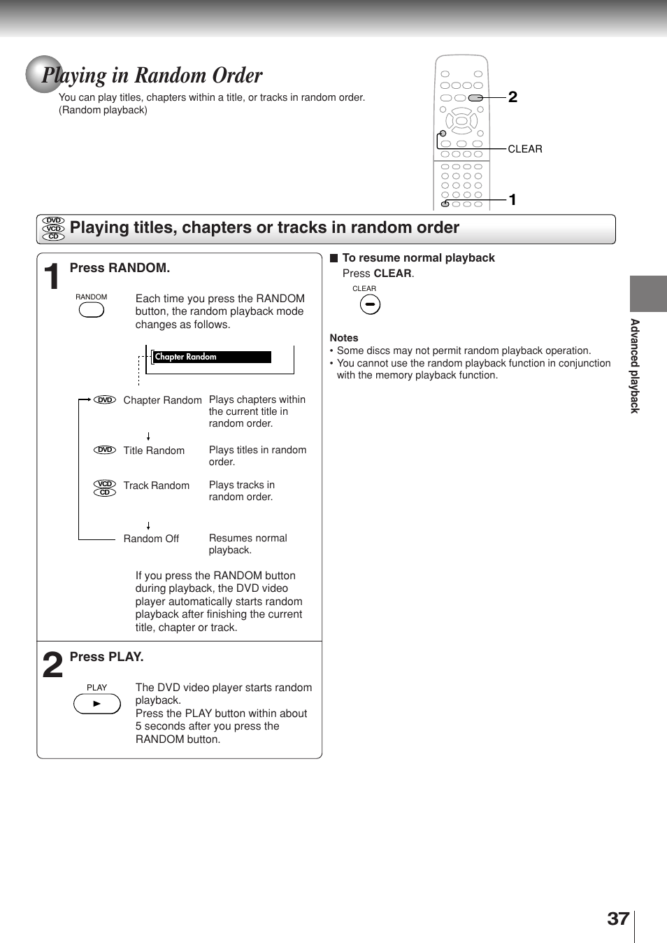 Playing in random order, Playing titles, chapters or tracks in random order | Toshiba SD-330ESB  EN User Manual | Page 37 / 72