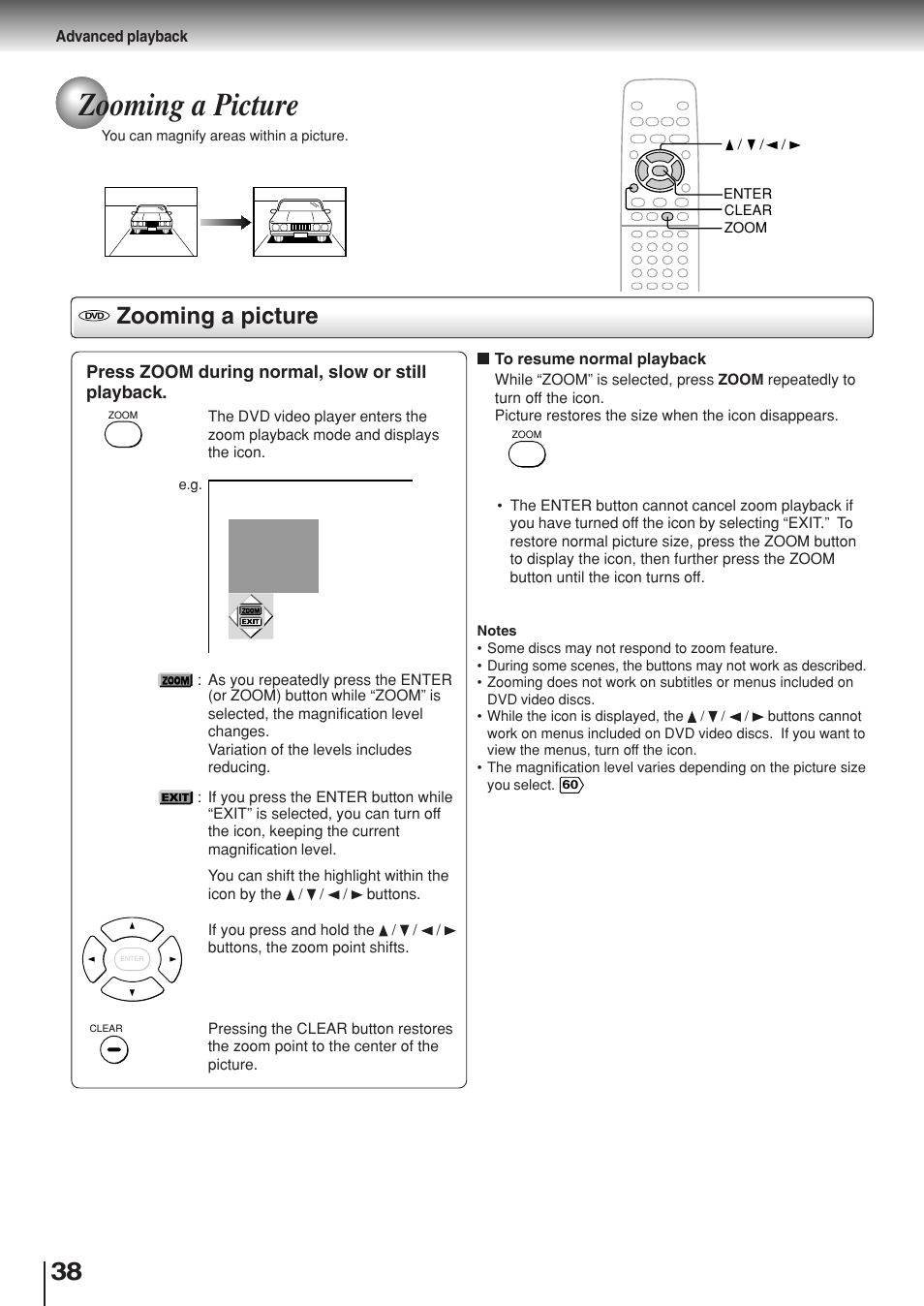 Zooming a picture | Toshiba SD-330ESB  EN User Manual | Page 38 / 72