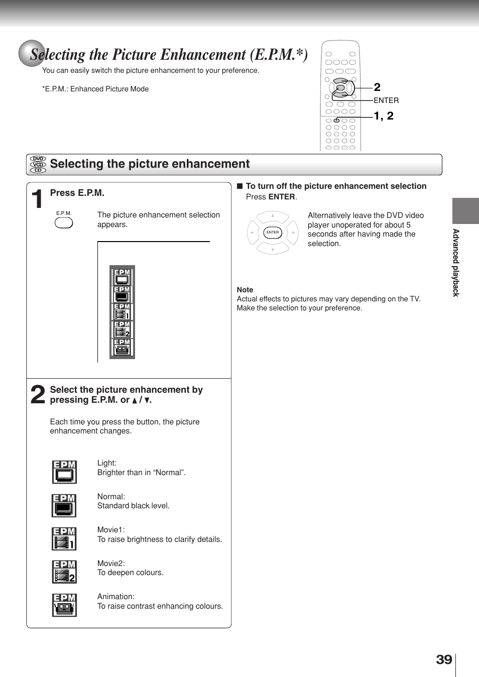 Selecting the picture enhancement (e.p.m.*), Selecting the picture enhancement | Toshiba SD-330ESB  EN User Manual | Page 39 / 72