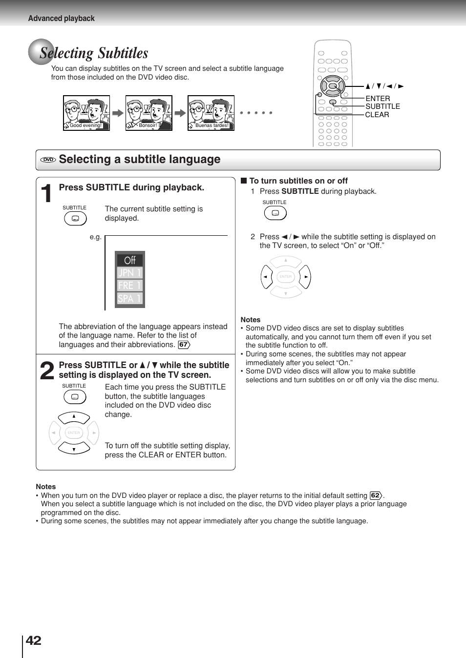 Selecting subtitles, Selecting a subtitle language | Toshiba SD-330ESB  EN User Manual | Page 42 / 72