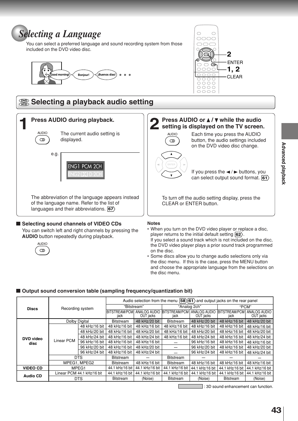 Selecting a language, Selecting a playback audio setting, Press audio during playback | Toshiba SD-330ESB  EN User Manual | Page 43 / 72