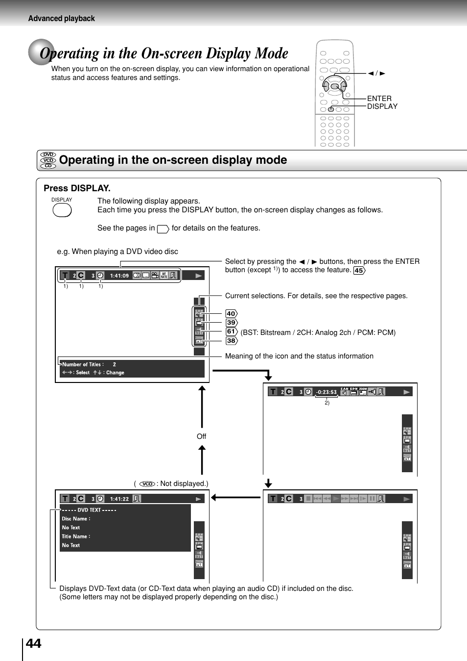 Operating in the on-screen display mode, Press display | Toshiba SD-330ESB  EN User Manual | Page 44 / 72