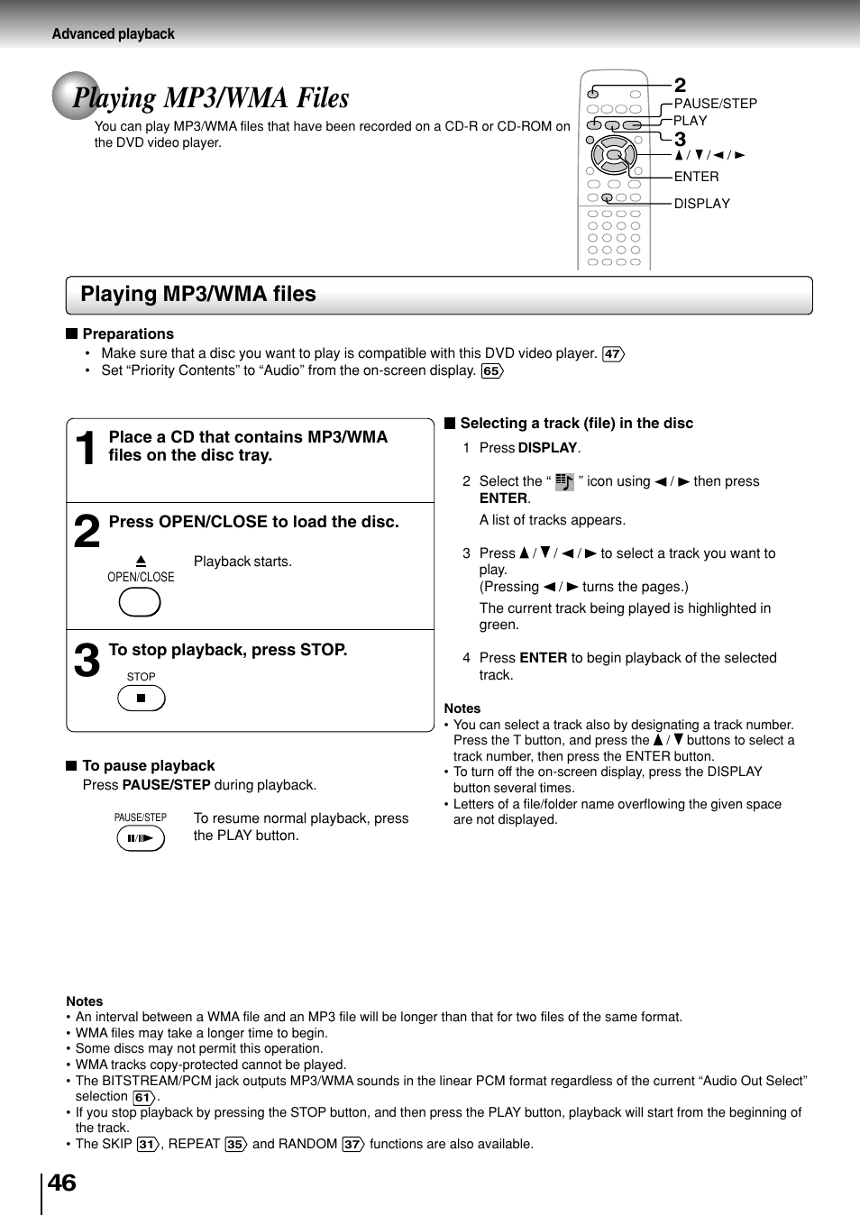 Playing mp3/wma files | Toshiba SD-330ESB  EN User Manual | Page 46 / 72