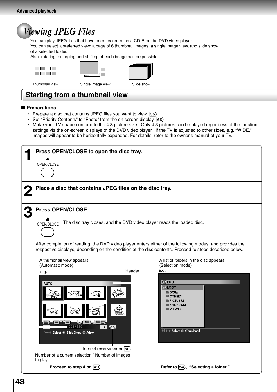 Viewing jpeg files, Starting from a thumbnail view | Toshiba SD-330ESB  EN User Manual | Page 48 / 72