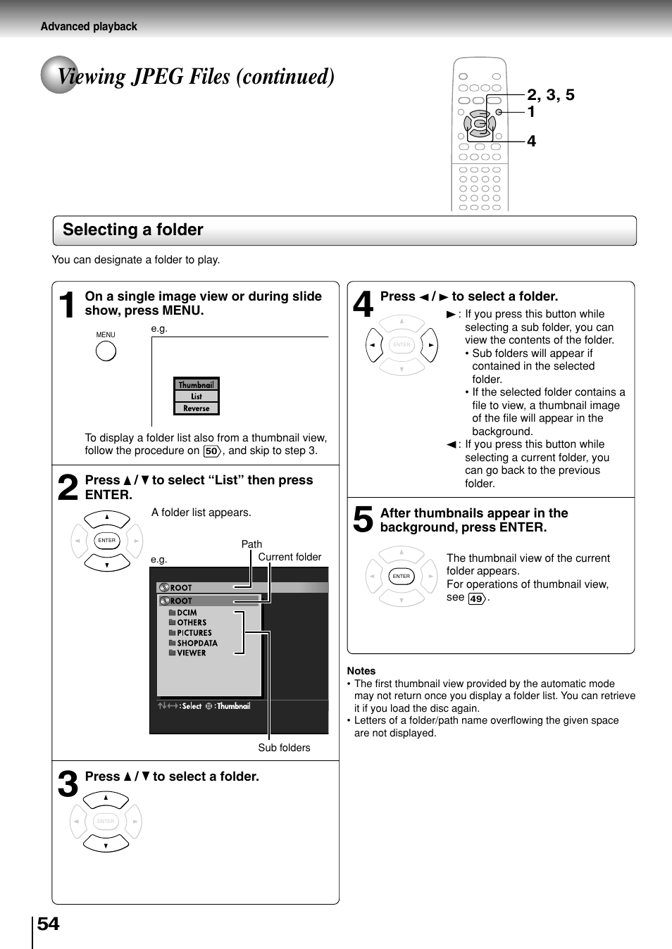 Viewing jpeg files (continued), Selecting a folder | Toshiba SD-330ESB  EN User Manual | Page 54 / 72