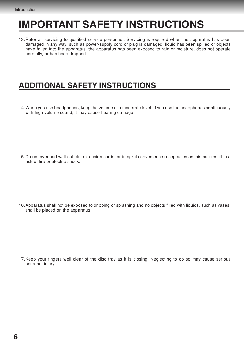 Important safety instructions, Additional safety instructions | Toshiba SD-330ESB  EN User Manual | Page 6 / 72