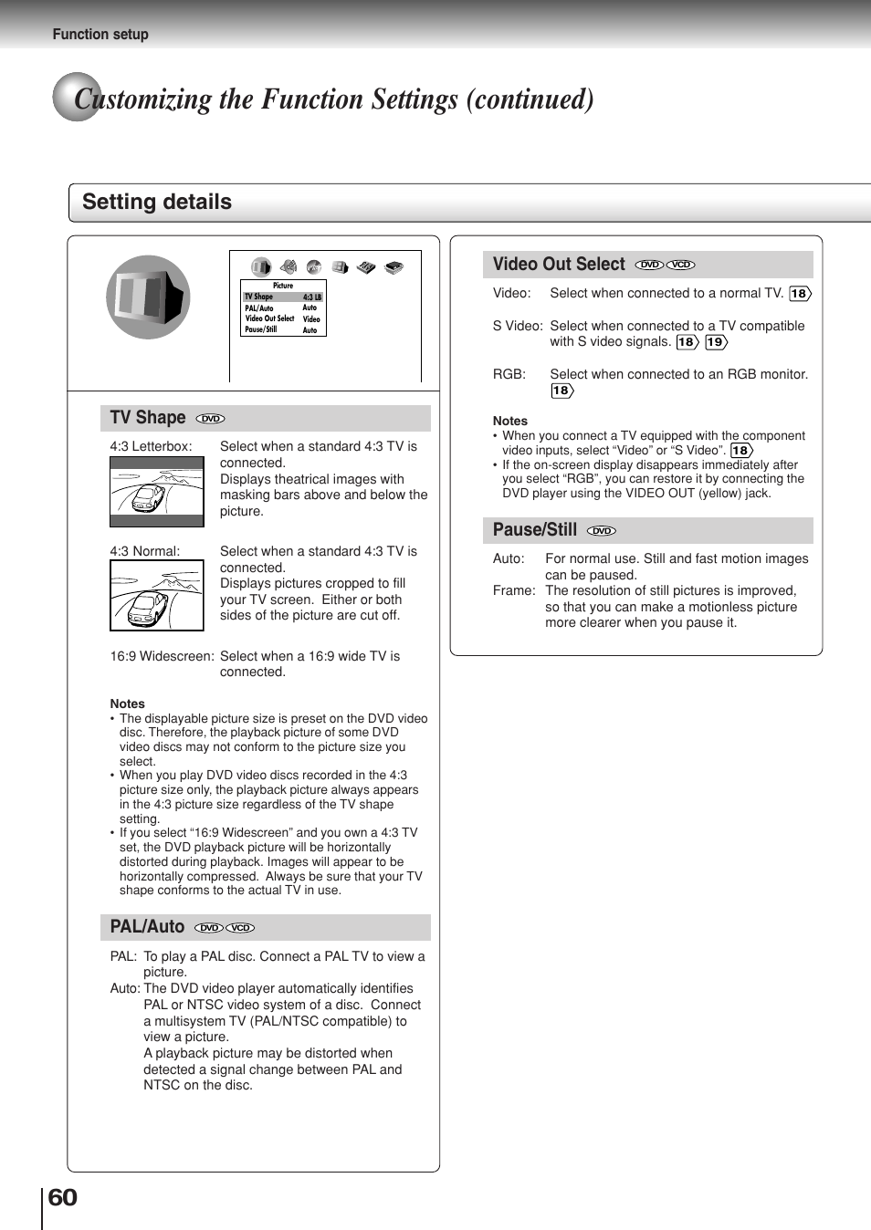 Customizing the function settings (continued), Setting details, Tv shape | Pal/auto, Video out select, Pause/still | Toshiba SD-330ESB  EN User Manual | Page 60 / 72