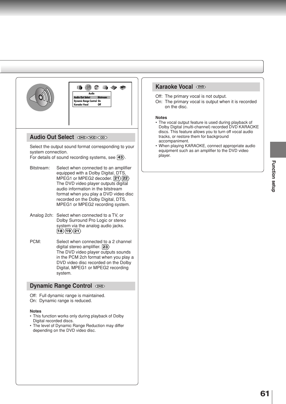 Karaoke vocal, Audio out select, Dynamic range control | Toshiba SD-330ESB  EN User Manual | Page 61 / 72