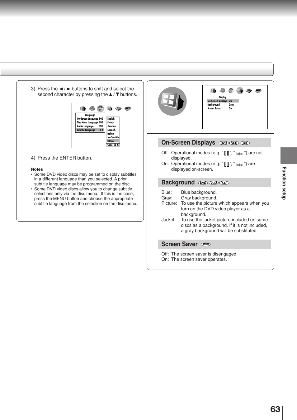 On-screen displays, Background, Screen saver | Function setup | Toshiba SD-330ESB  EN User Manual | Page 63 / 72