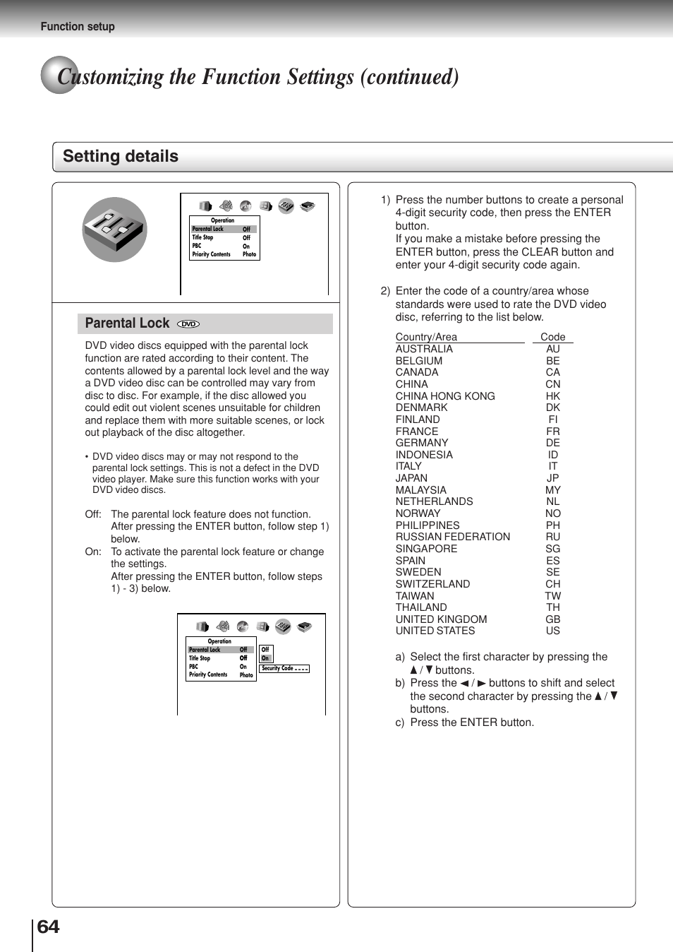 Customizing the function settings (continued), Setting details, Parental lock | Toshiba SD-330ESB  EN User Manual | Page 64 / 72