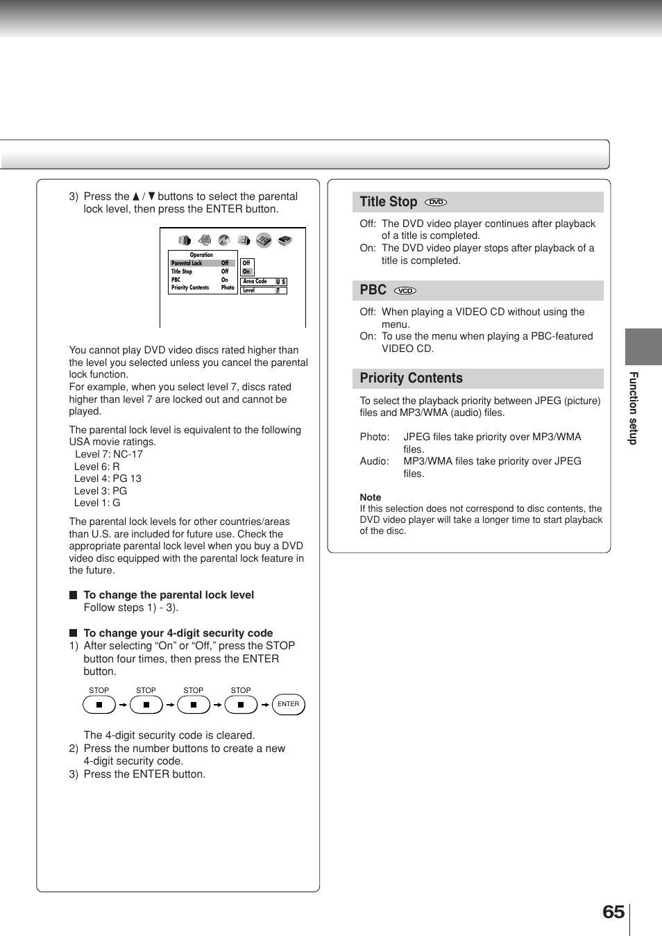 Title stop, Priority contents | Toshiba SD-330ESB  EN User Manual | Page 65 / 72