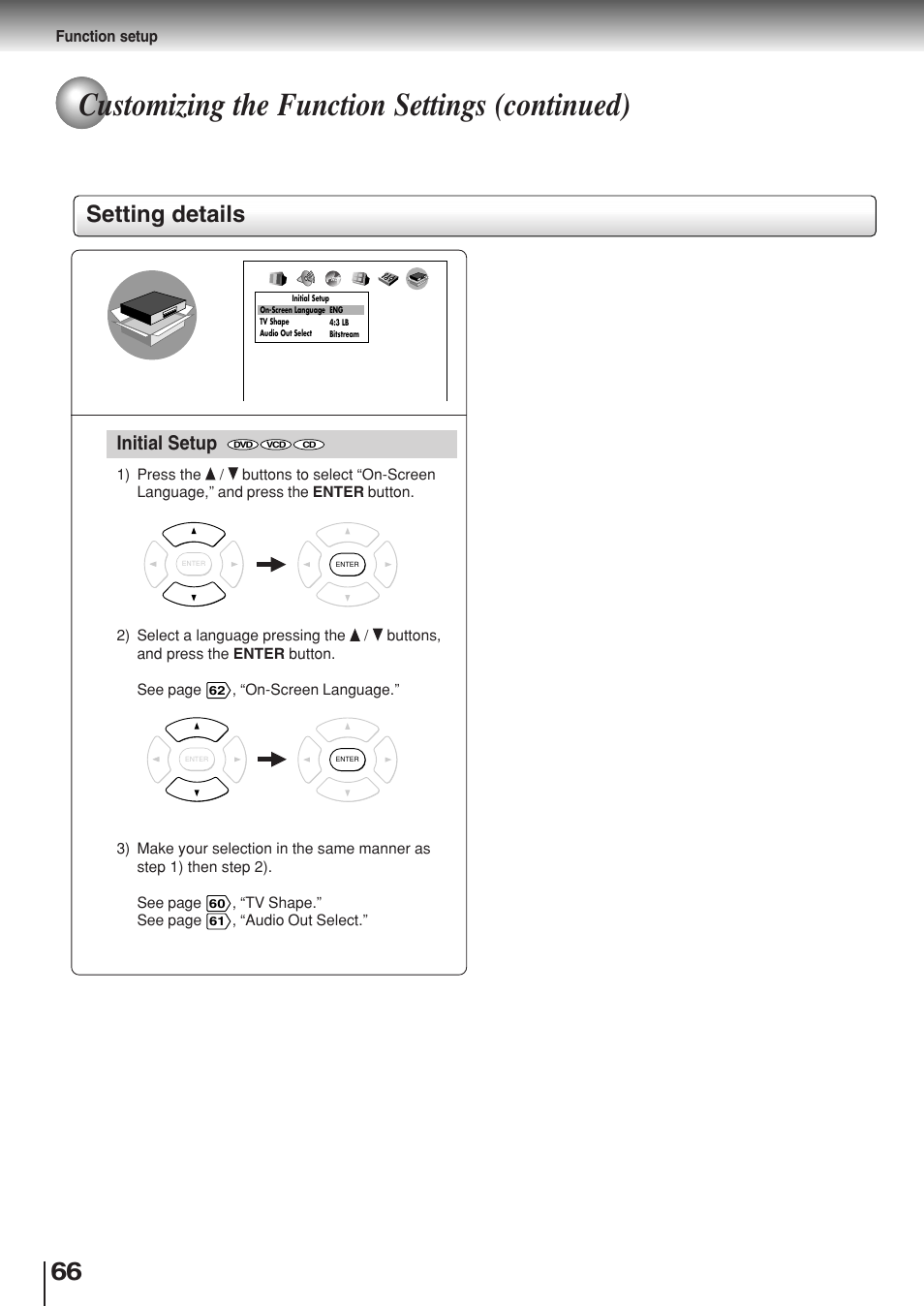 Customizing the function settings (continued), Setting details, Initial setup | Toshiba SD-330ESB  EN User Manual | Page 66 / 72