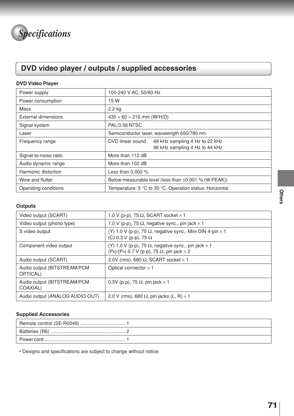 Specifications, Dvd video player / outputs / supplied accessories | Toshiba SD-330ESB  EN User Manual | Page 71 / 72