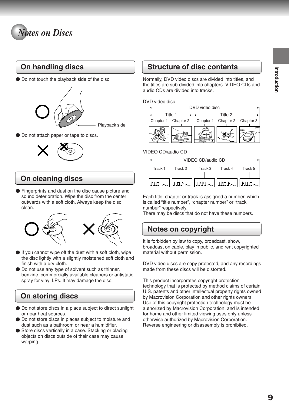 On handling discs, On cleaning discs, On storing discs | Structure of disc contents | Toshiba SD-330ESB  EN User Manual | Page 9 / 72