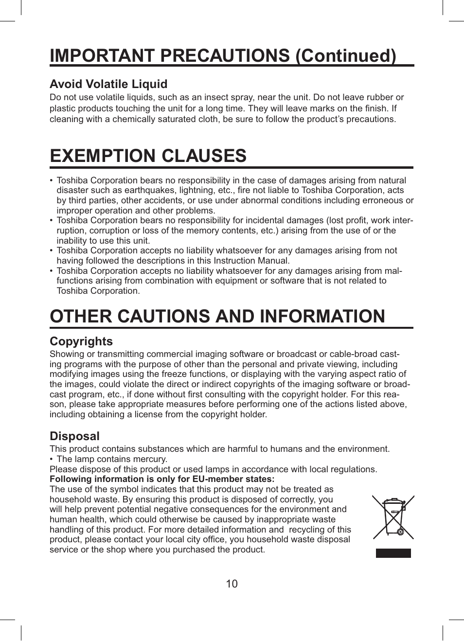 Important precautions (continued), Exemption clauses, Other cautions and information | Toshiba TDP-ET10 User Manual | Page 10 / 59