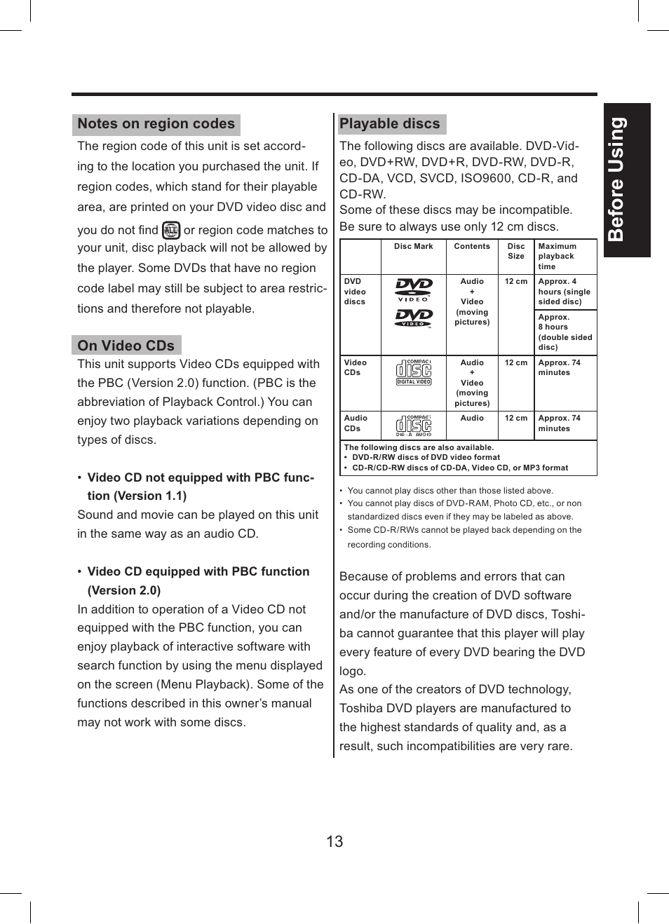 Before using, On video cds, Playable discs | Toshiba TDP-ET10 User Manual | Page 13 / 59