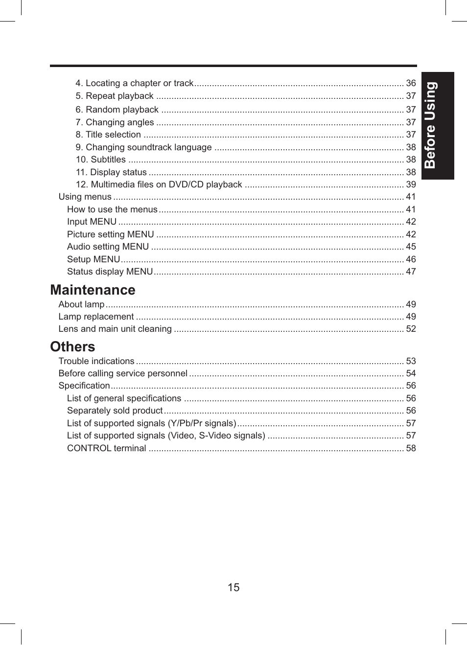 Before using, Maintenance, Others | Toshiba TDP-ET10 User Manual | Page 15 / 59