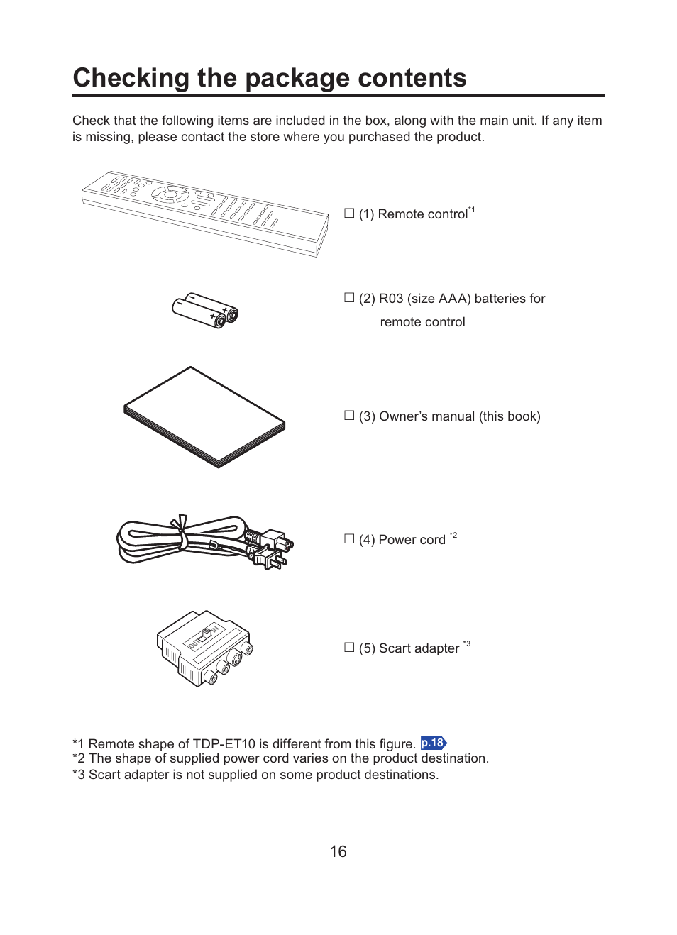 Checking the package contents | Toshiba TDP-ET10 User Manual | Page 16 / 59