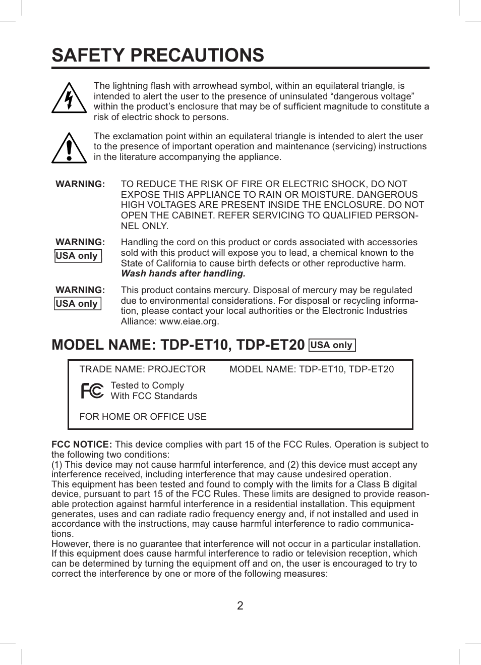 Safety precautions, Model name: tdp-et10, tdp-et20 | Toshiba TDP-ET10 User Manual | Page 2 / 59