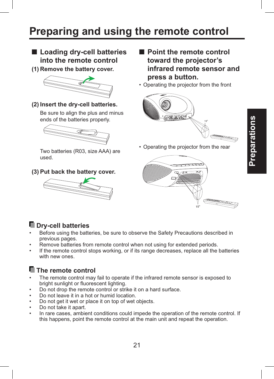 Preparing and using the remote control, Preparations, Loading dry-cell batteries into the remote control | Toshiba TDP-ET10 User Manual | Page 21 / 59