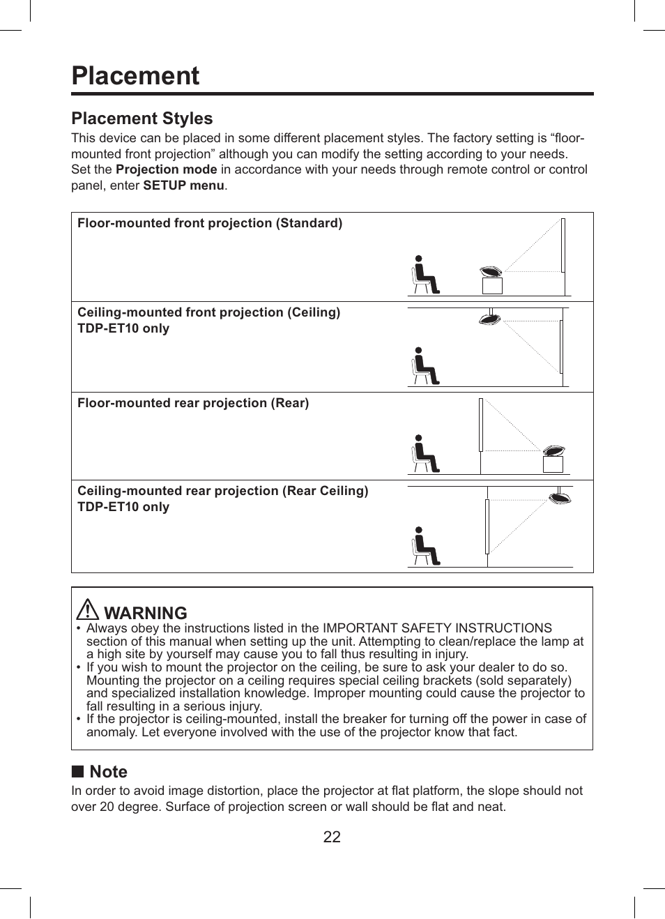 Placement, Placement styles, Warning | Toshiba TDP-ET10 User Manual | Page 22 / 59