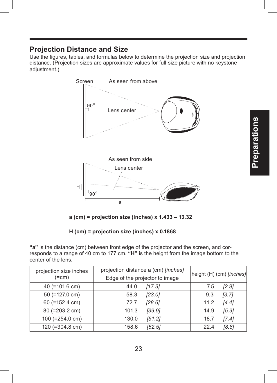 Preparations, Projection distance and size | Toshiba TDP-ET10 User Manual | Page 23 / 59