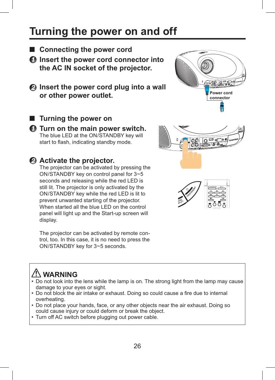Turning the power on and off | Toshiba TDP-ET10 User Manual | Page 26 / 59