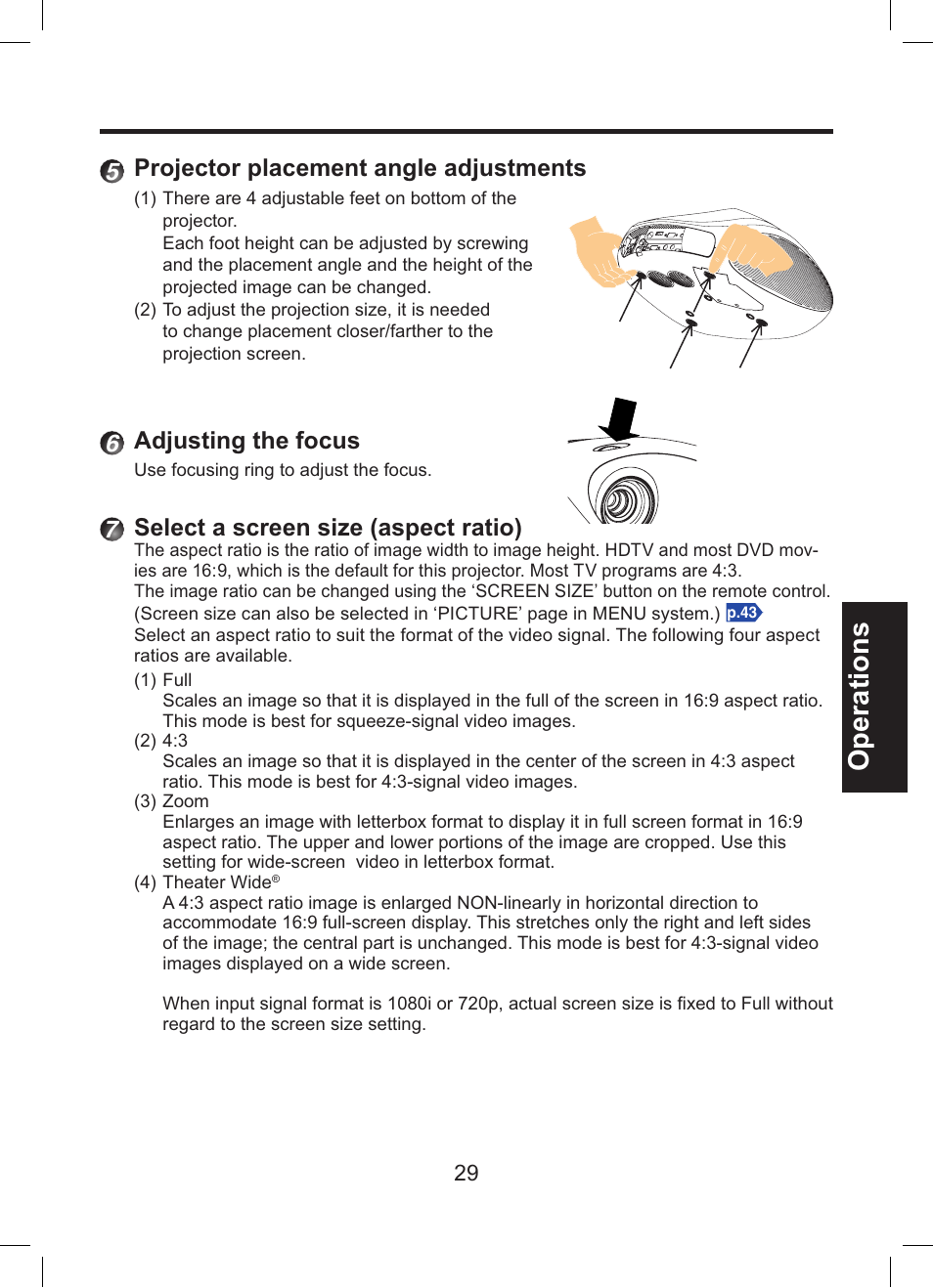 Operations, 5projector placement angle adjustments, 6adjusting the focus | 7select a screen size (aspect ratio) | Toshiba TDP-ET10 User Manual | Page 29 / 59