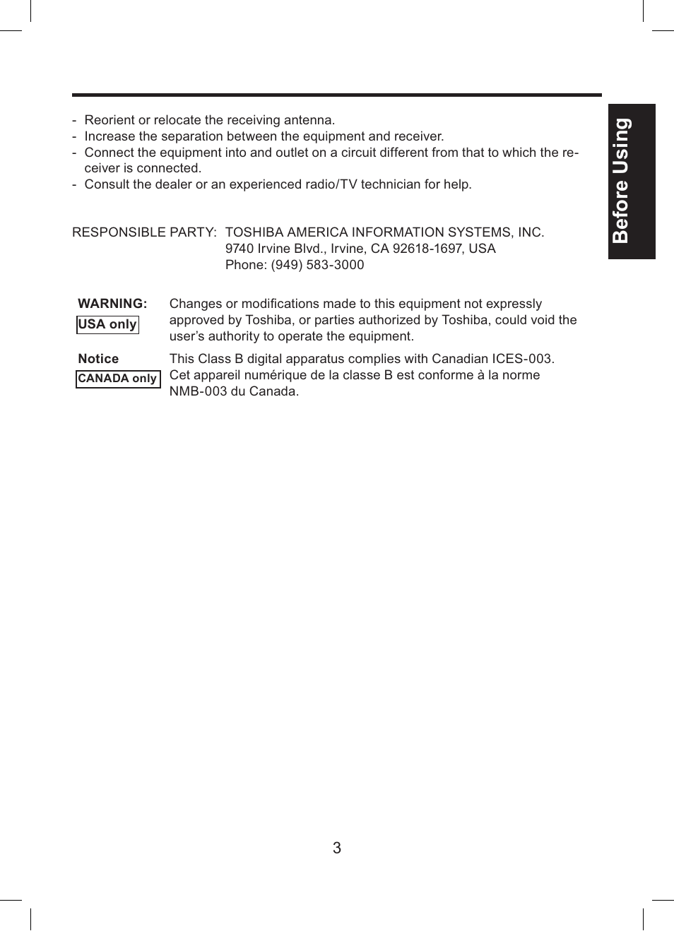 Before using | Toshiba TDP-ET10 User Manual | Page 3 / 59