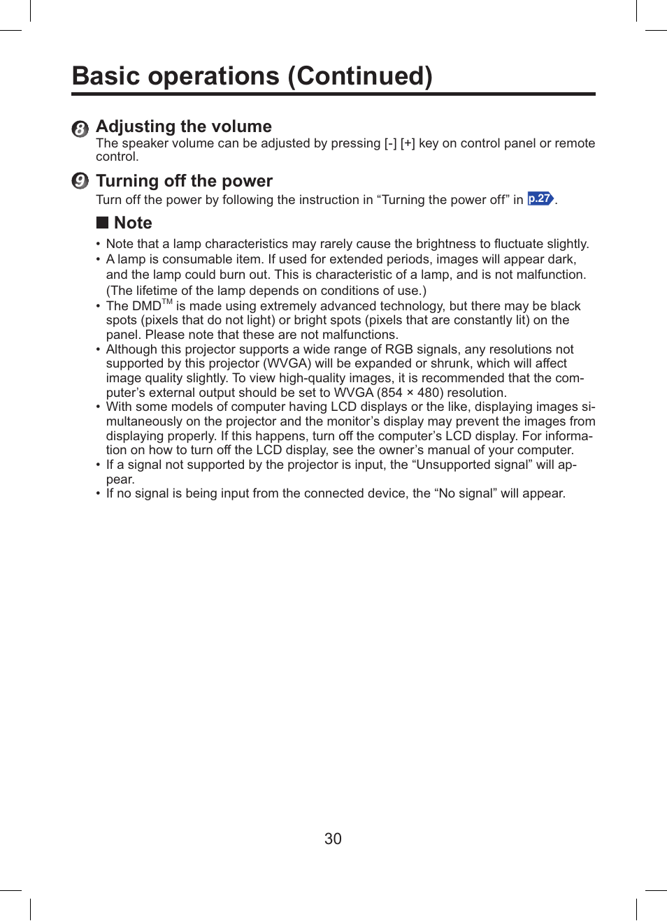 Basic operations (continued), 8adjusting the volume, 9turning off the power | Toshiba TDP-ET10 User Manual | Page 30 / 59