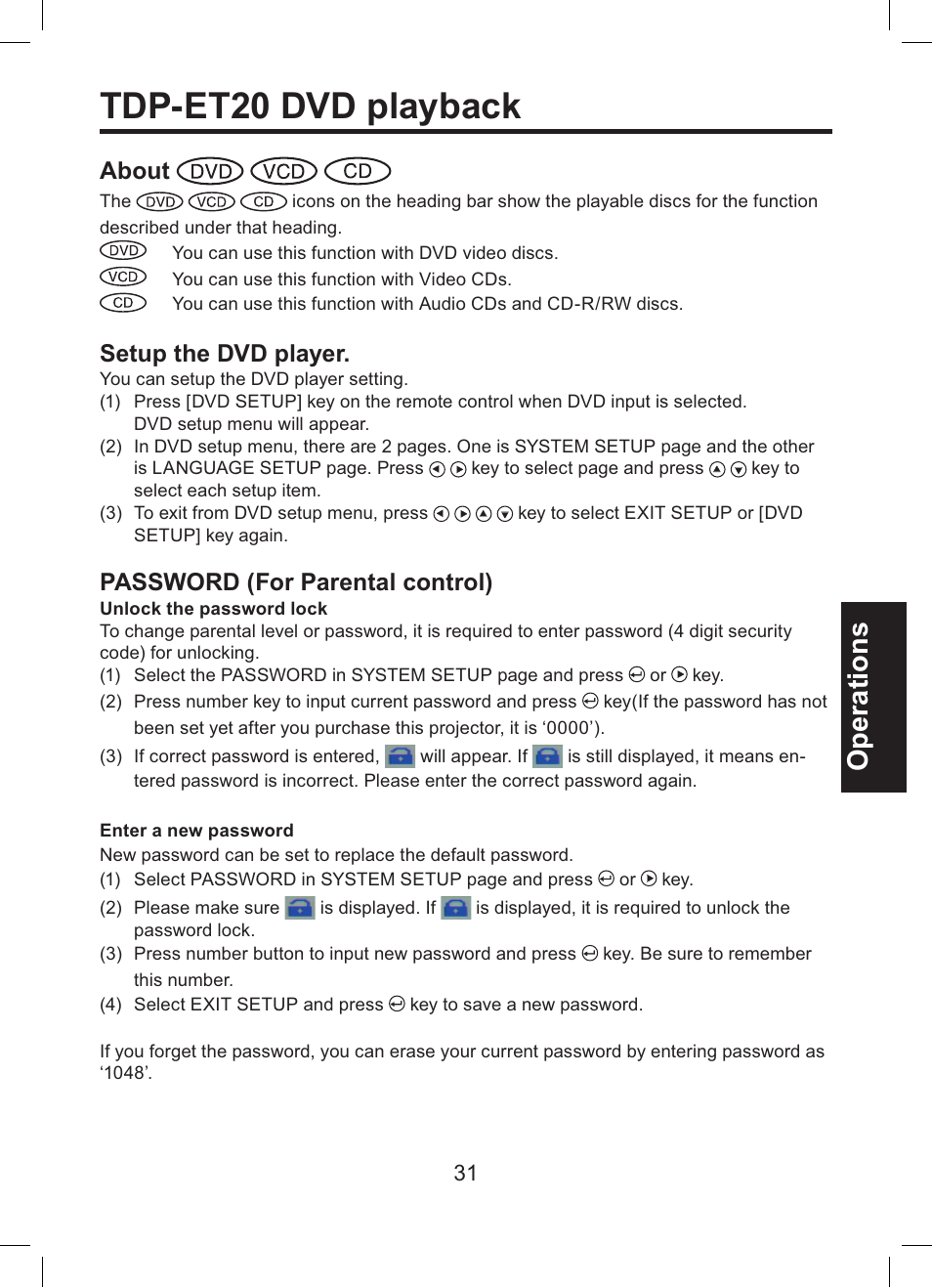 Tdp-et20 dvd playback, Operations, About | Setup the dvd player, Password (for parental control) | Toshiba TDP-ET10 User Manual | Page 31 / 59