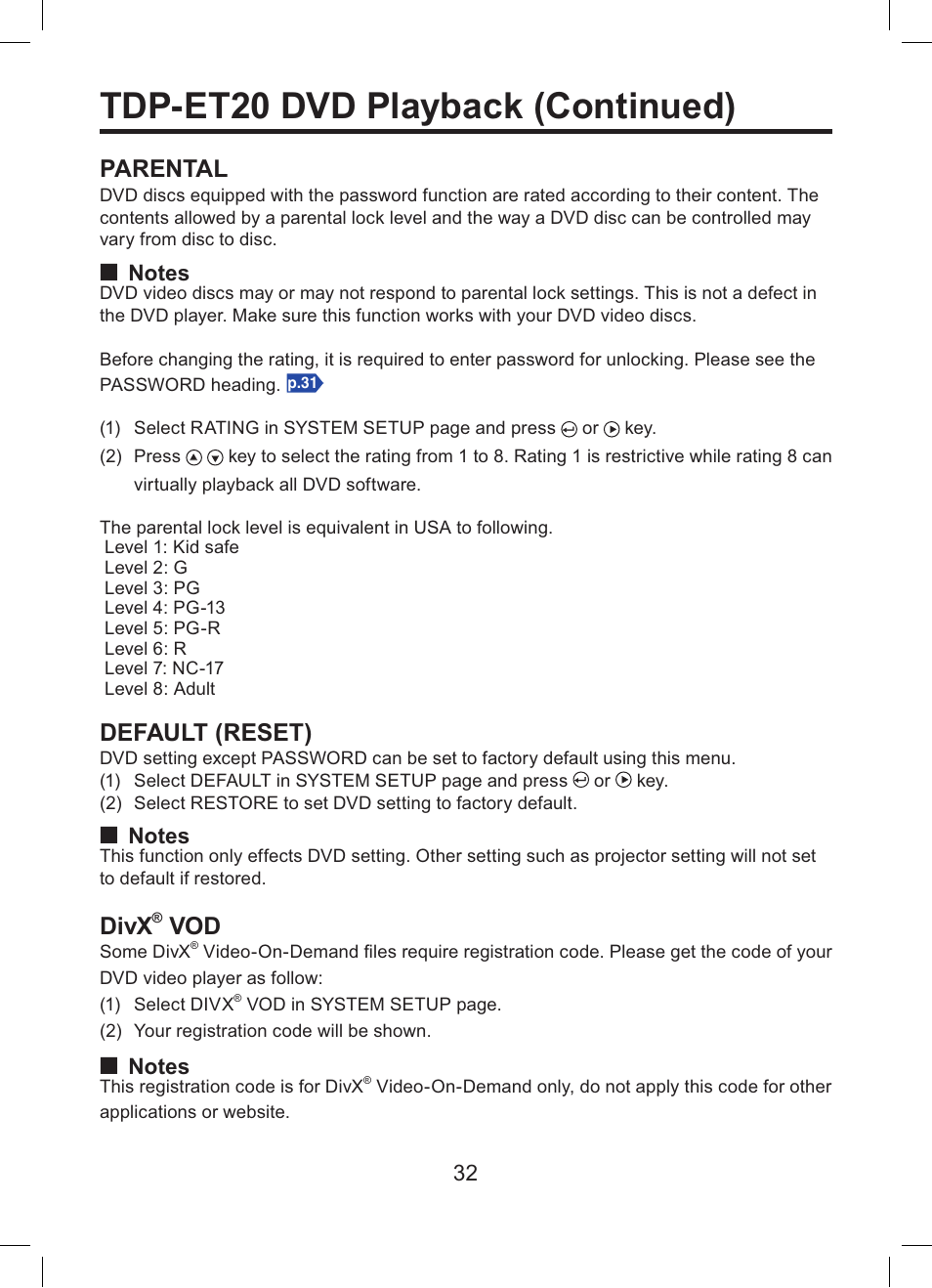 Tdp-et20 dvd playback (continued), Parental, Default (reset) | Divx | Toshiba TDP-ET10 User Manual | Page 32 / 59