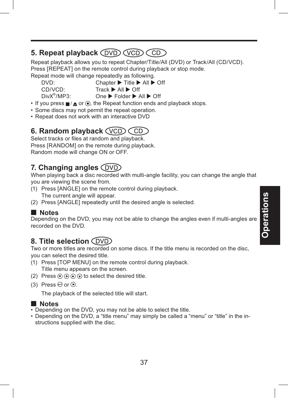 Operations, Repeat playback, Random playback | Changing angles, Title selection | Toshiba TDP-ET10 User Manual | Page 37 / 59