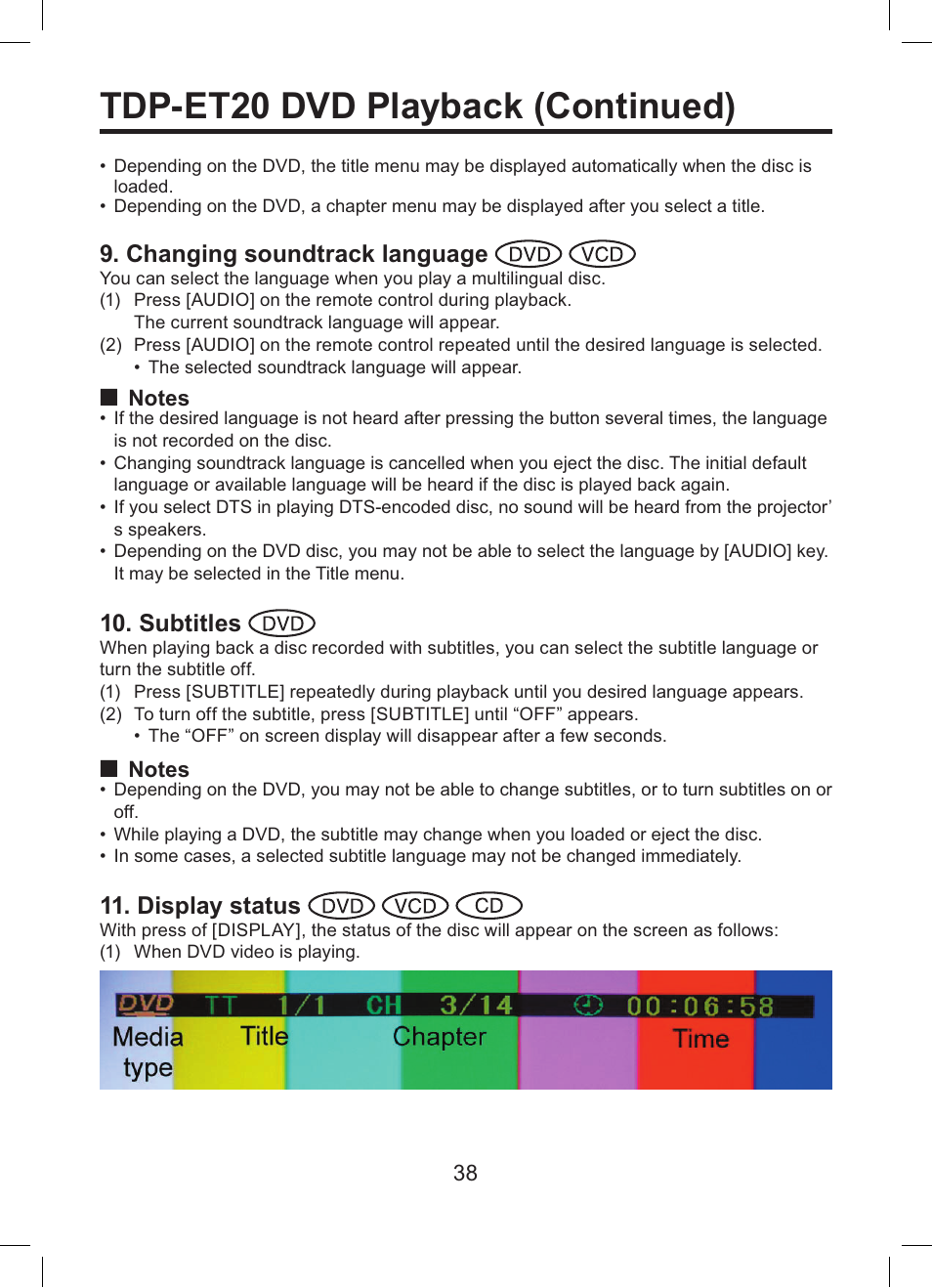 Tdp-et20 dvd playback (continued), Changing soundtrack language, Subtitles | Display status | Toshiba TDP-ET10 User Manual | Page 38 / 59