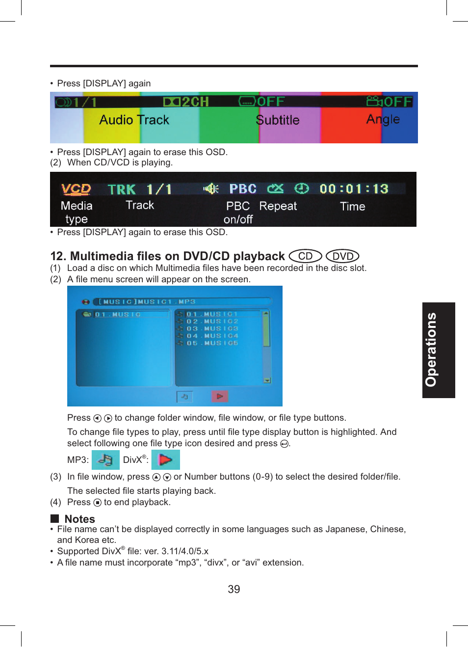 Operations, Multimedia ﬁ les on dvd/cd playback | Toshiba TDP-ET10 User Manual | Page 39 / 59