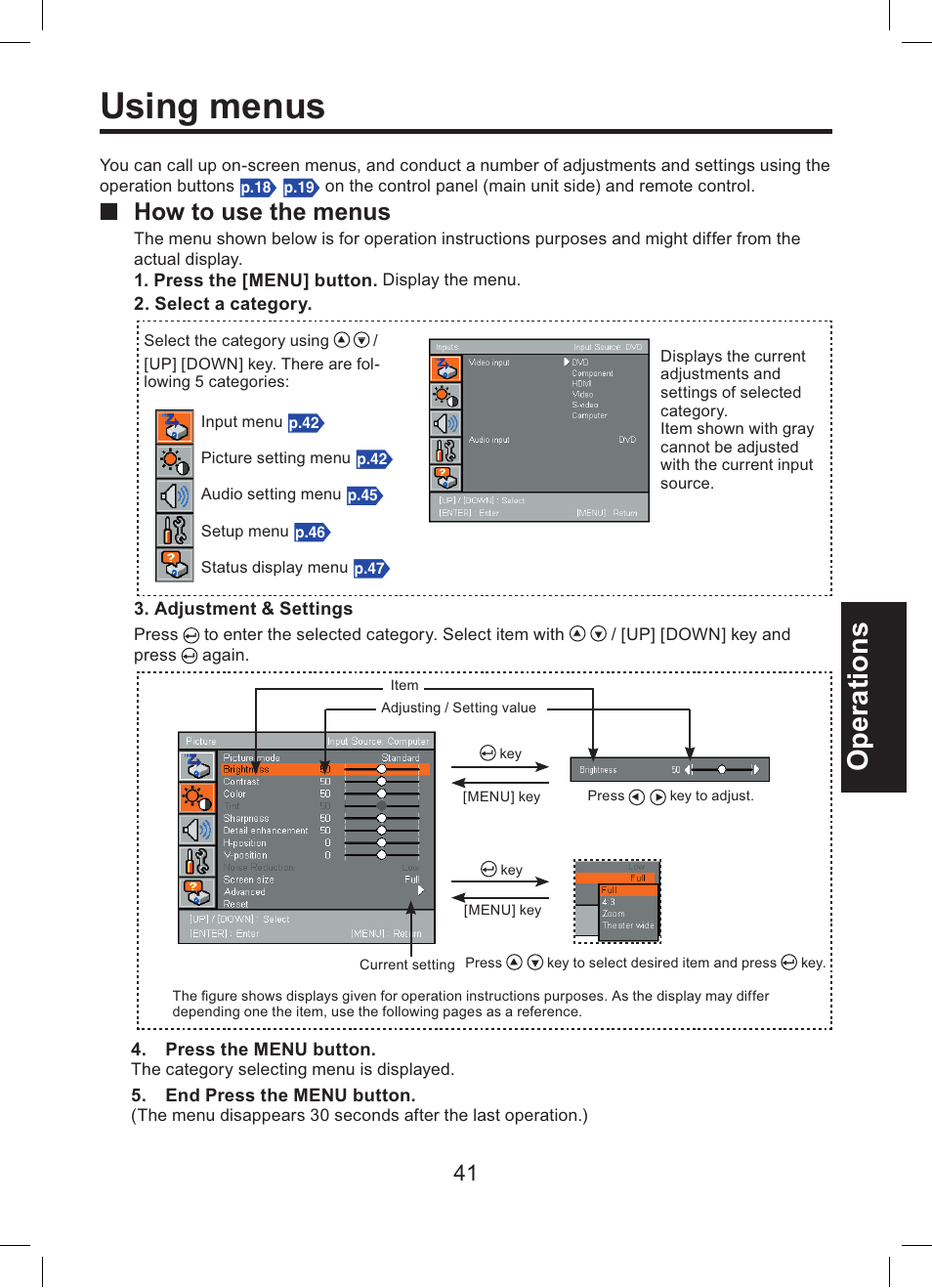 Using menus, Operations, How to use the menus | Toshiba TDP-ET10 User Manual | Page 41 / 59