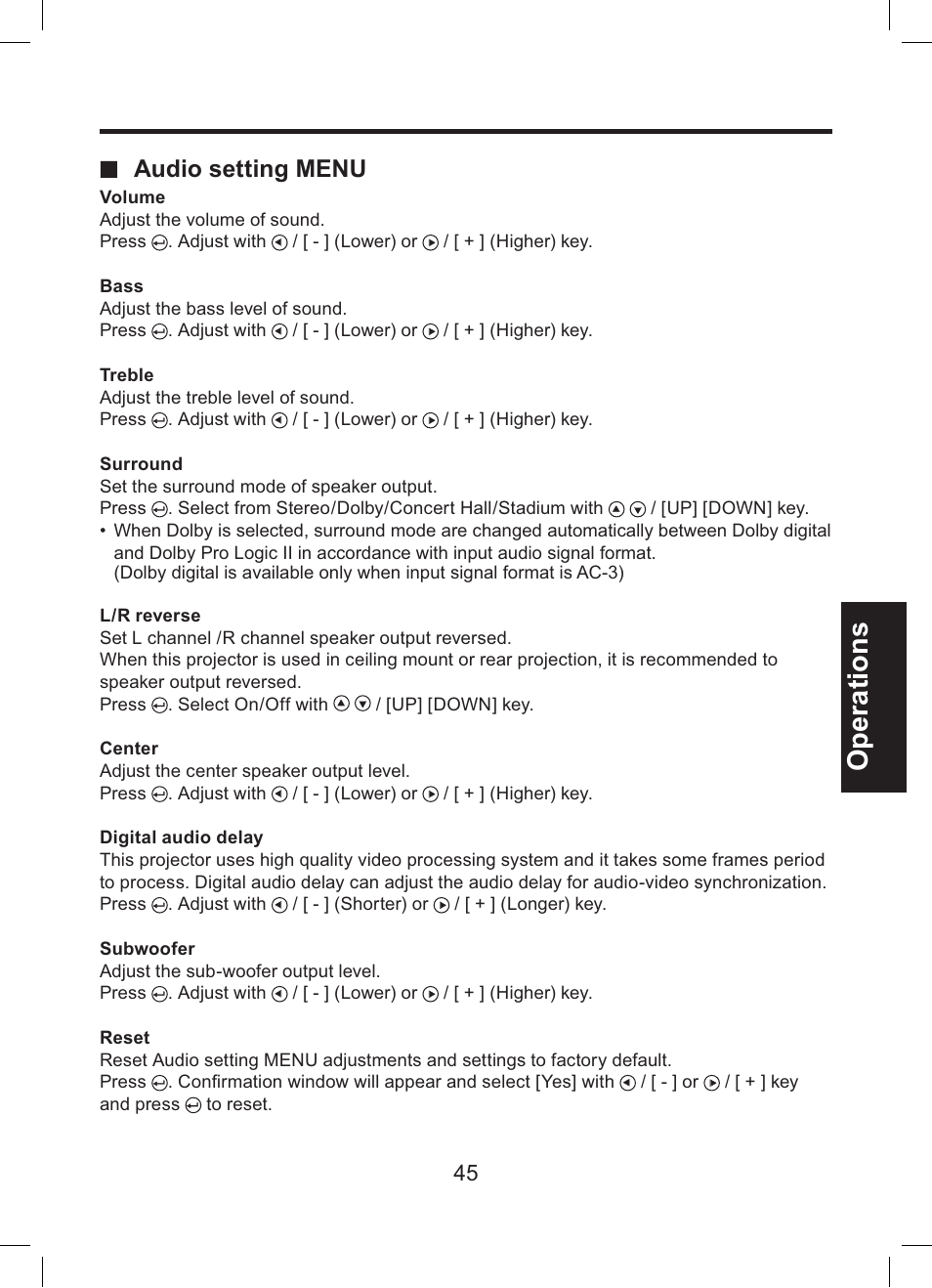 Operations, Audio setting menu | Toshiba TDP-ET10 User Manual | Page 45 / 59