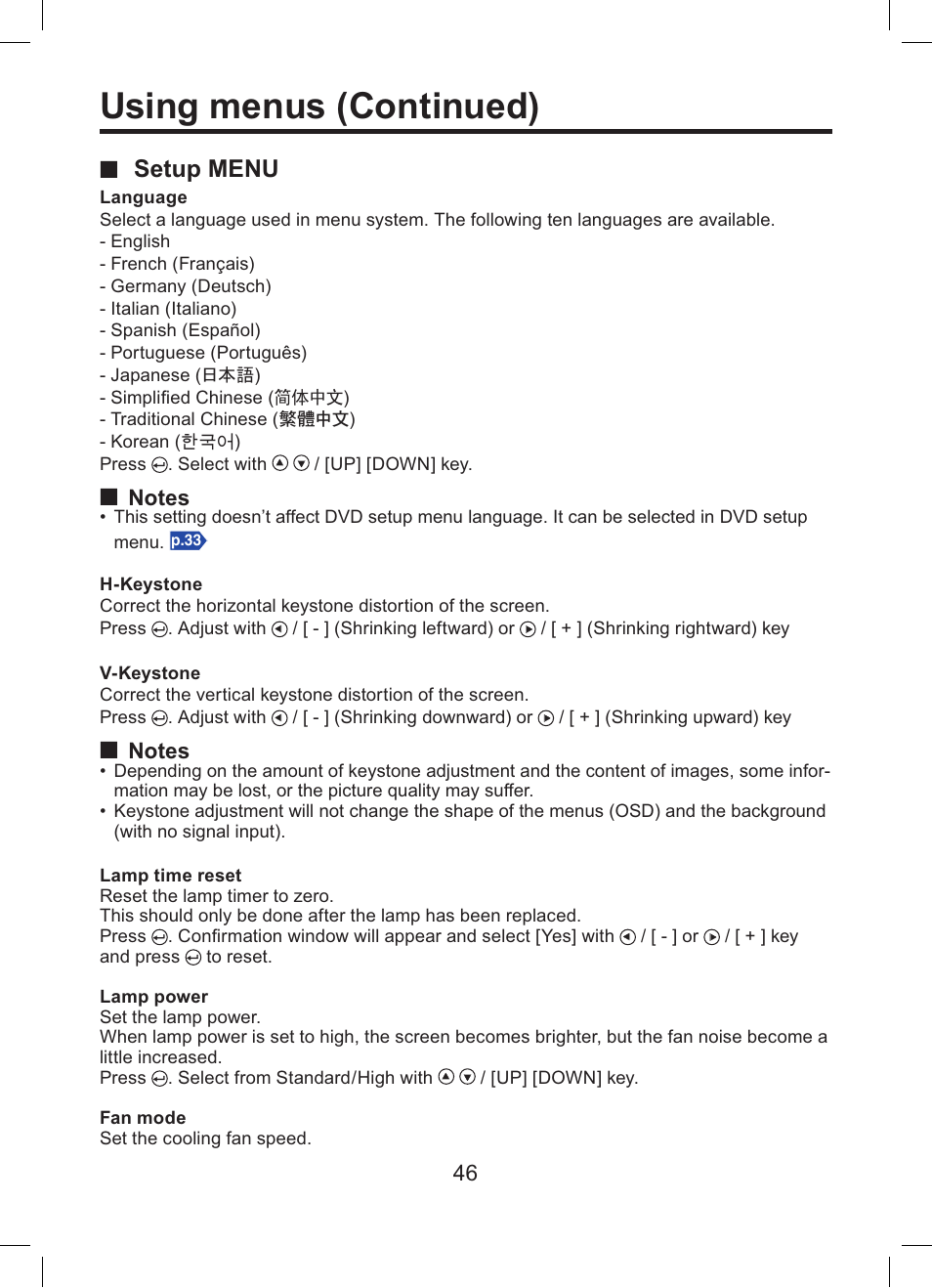 Using menus (continued), Setup menu | Toshiba TDP-ET10 User Manual | Page 46 / 59