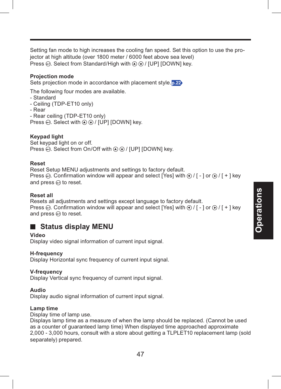 Operations, Status display menu | Toshiba TDP-ET10 User Manual | Page 47 / 59