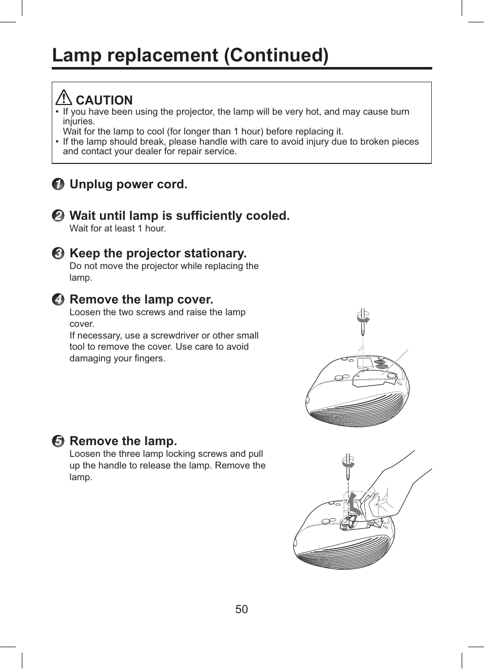 Lamp replacement (continued) | Toshiba TDP-ET10 User Manual | Page 50 / 59