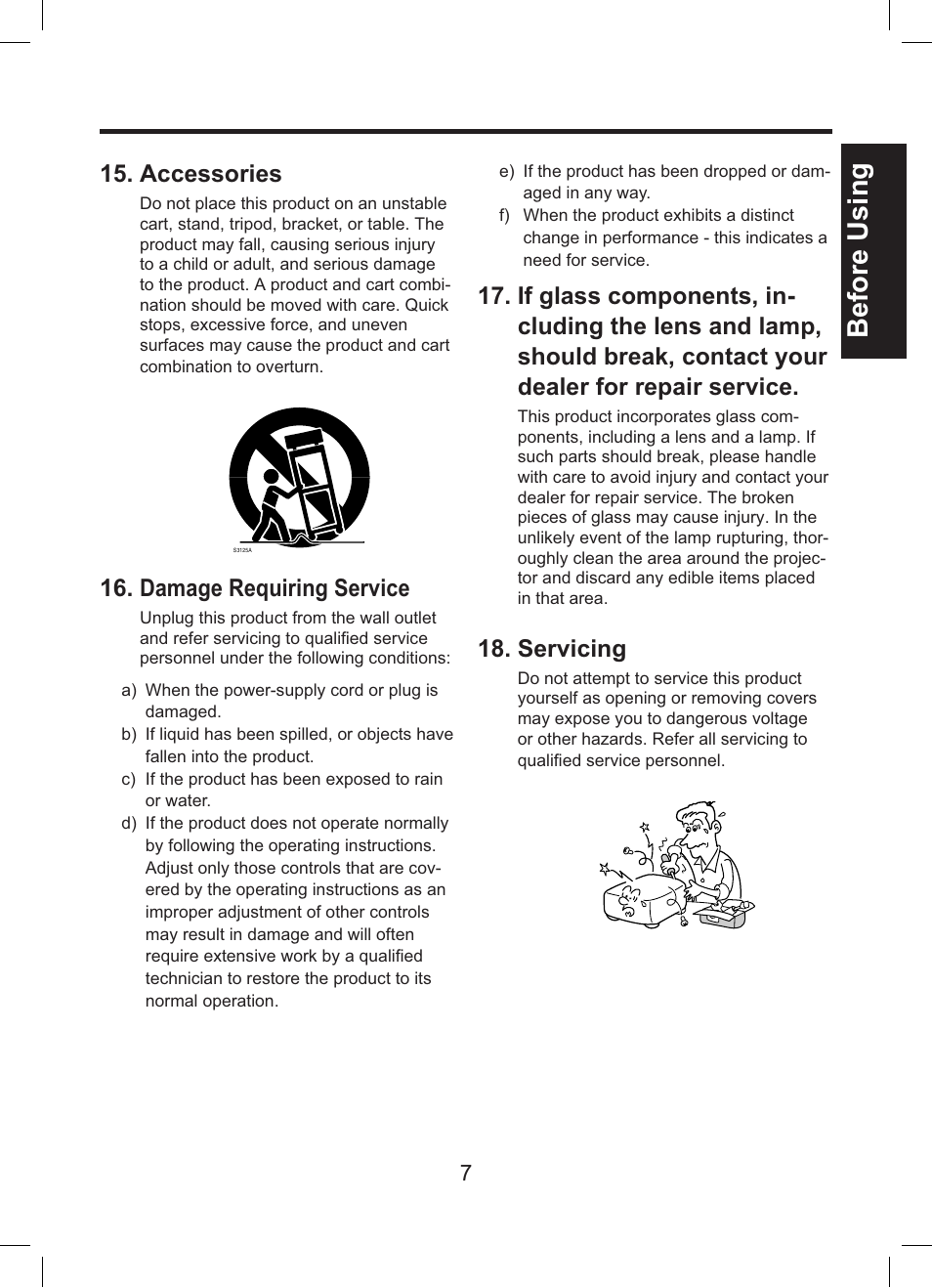 Before using, Accessories, Damage requiring service | Servicing | Toshiba TDP-ET10 User Manual | Page 7 / 59