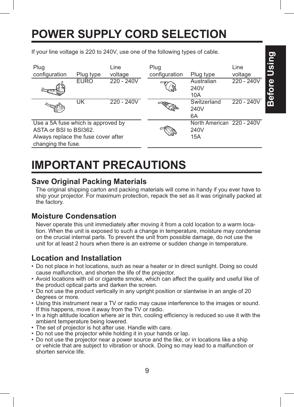 Power supply cord selection, Important precautions, Before using | Save original packing materials, Moisture condensation, Location and installation | Toshiba TDP-ET10 User Manual | Page 9 / 59