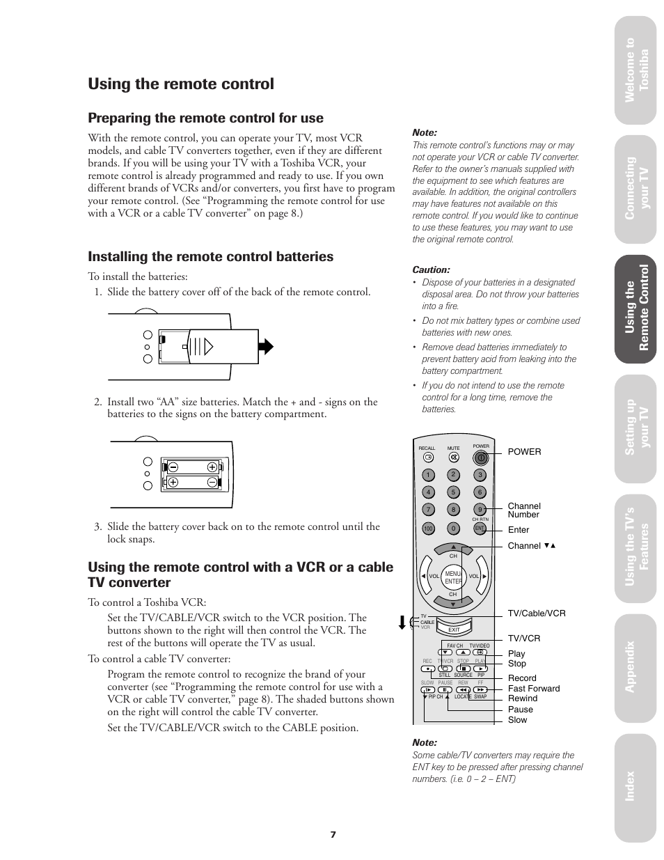 Using the remote control, Preparing for use, Using with a vcr or a cable tv converter | Preparing the remote control for use, Installing the remote control batteries, Ref er ence | Toshiba Color Television 36A11 User Manual | Page 13 / 44