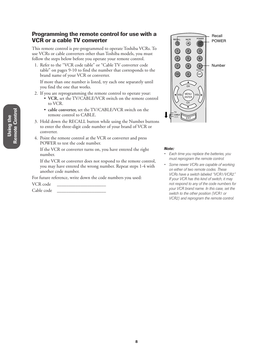 Using the remote contr ol | Toshiba Color Television 36A11 User Manual | Page 14 / 44