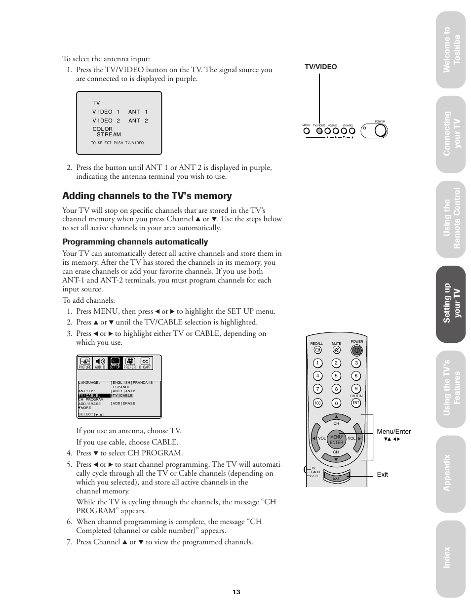 Adding channels to the tv's memory, Ref er ence, Programming channels automatically | Toshiba Color Television 36A11 User Manual | Page 19 / 44