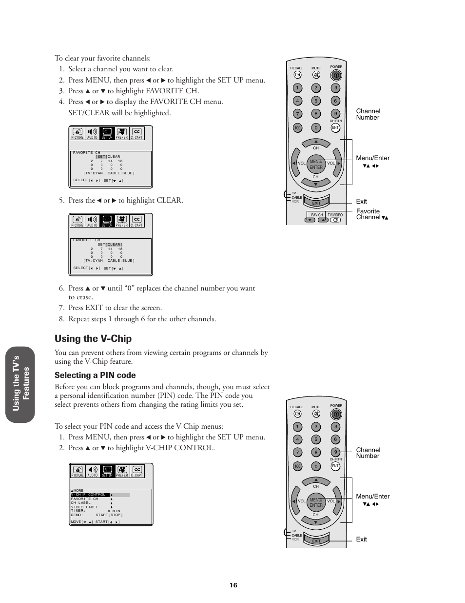 Using the v-chip, Using the t v ’s f eatur es, Selecting a pin code | Press the, Press | Toshiba Color Television 36A11 User Manual | Page 22 / 44