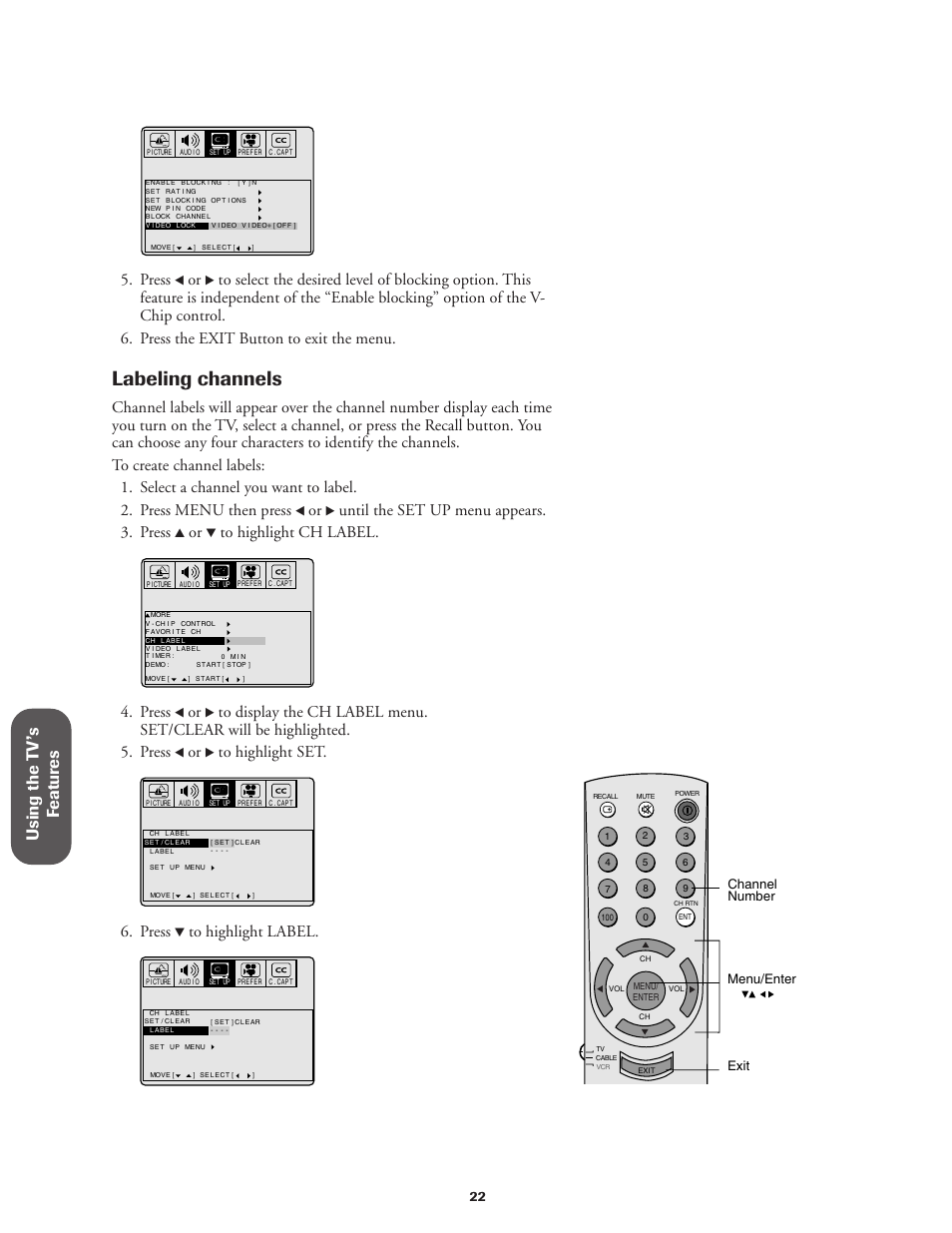 Labeling channels, Using the t v ’s f eatur es, Press | Until the set up menu appears. 3. press | Toshiba Color Television 36A11 User Manual | Page 28 / 44