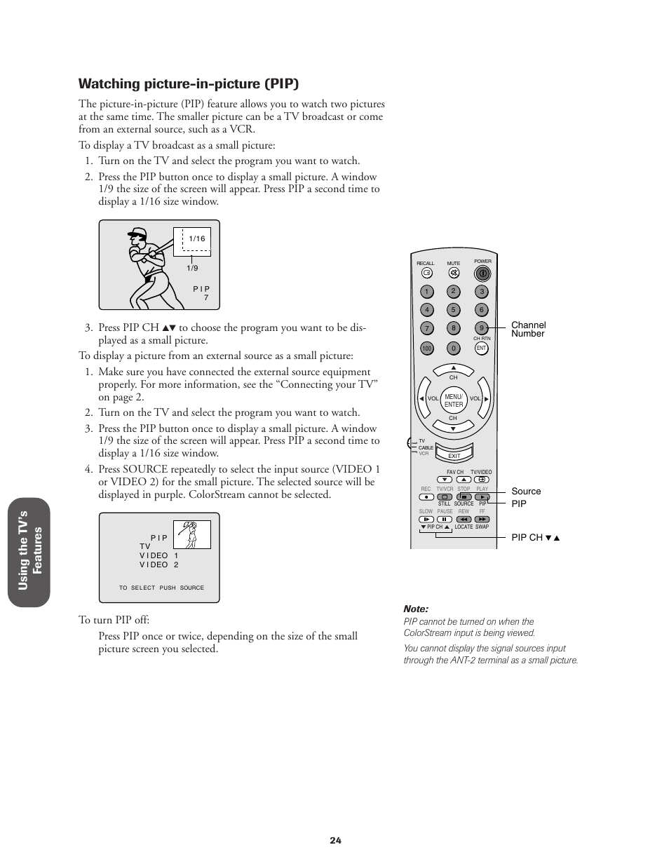 Watching picture-in-picture (pip), Using the t v ’s f eatur es, Press pip ch | Toshiba Color Television 36A11 User Manual | Page 30 / 44